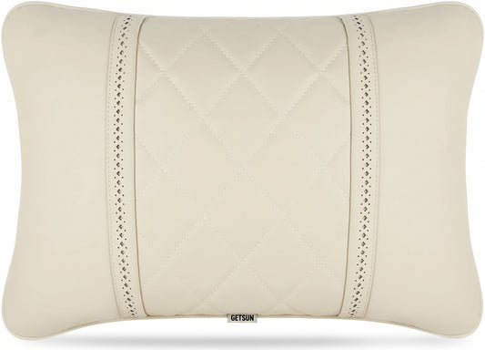 Quilted Faux Leather Car Neck Pillow – Ergonomic Bone Shape Headrest Support | Beige